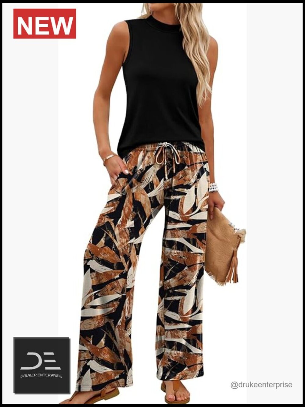 Two Piece Set - Mock Neck Wide Leg Pants Set - Women's Summer Travel Outfit
